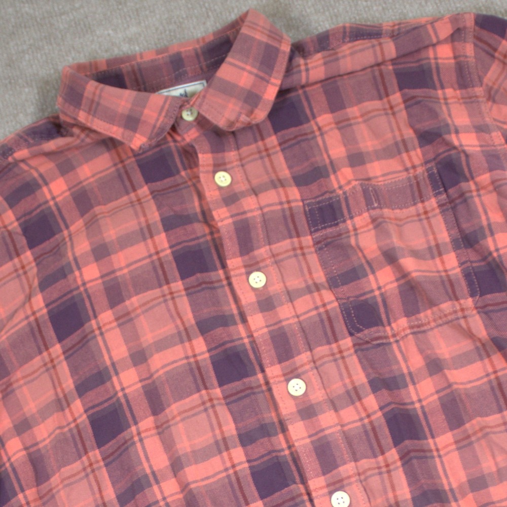 Grayers Clothiers Mens Large Coral Orange Purple Plaid Short Sleeve Button Shirt